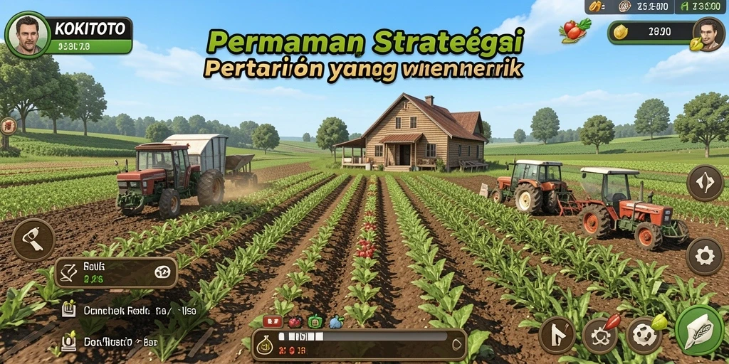 Tampilan gameplay KOKITOTO dengan kebun yang subur dan beragam tanaman.
