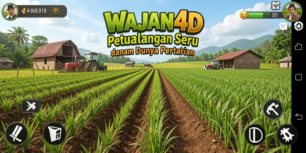 Tangkapan layar gameplay WAJAN4D menampilkan kebun yang subur dan hewan ternak.